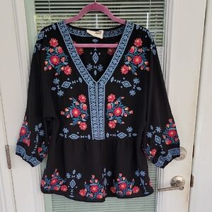 Savanna Jane Black Blouse with Blue Trim and Pink Floral Embroidery